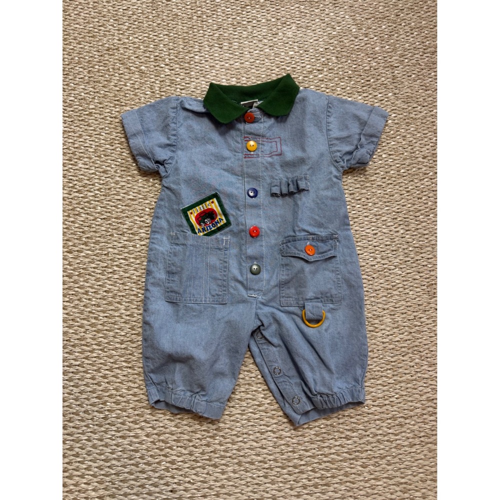 Vintage Little Arizona Jean color block Romper Multi Color Buttons 0-3M jumper
